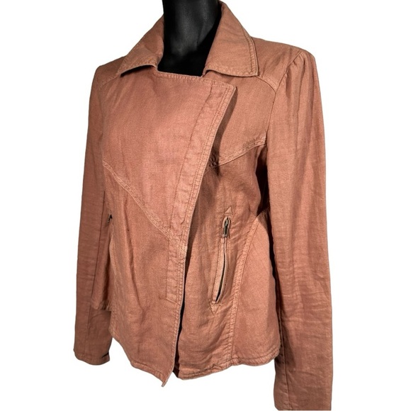 Free People Rosewood Linen Moto Style Jacket Zipper Pockets Snap Close XS - Picture 5 of 9